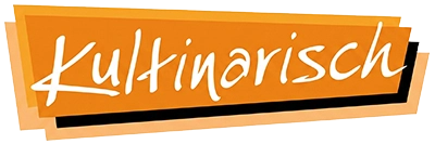 Orange Schriftzug Kulinarisch auf stilisiertem Hintergrund, betont kulinarische Themen.